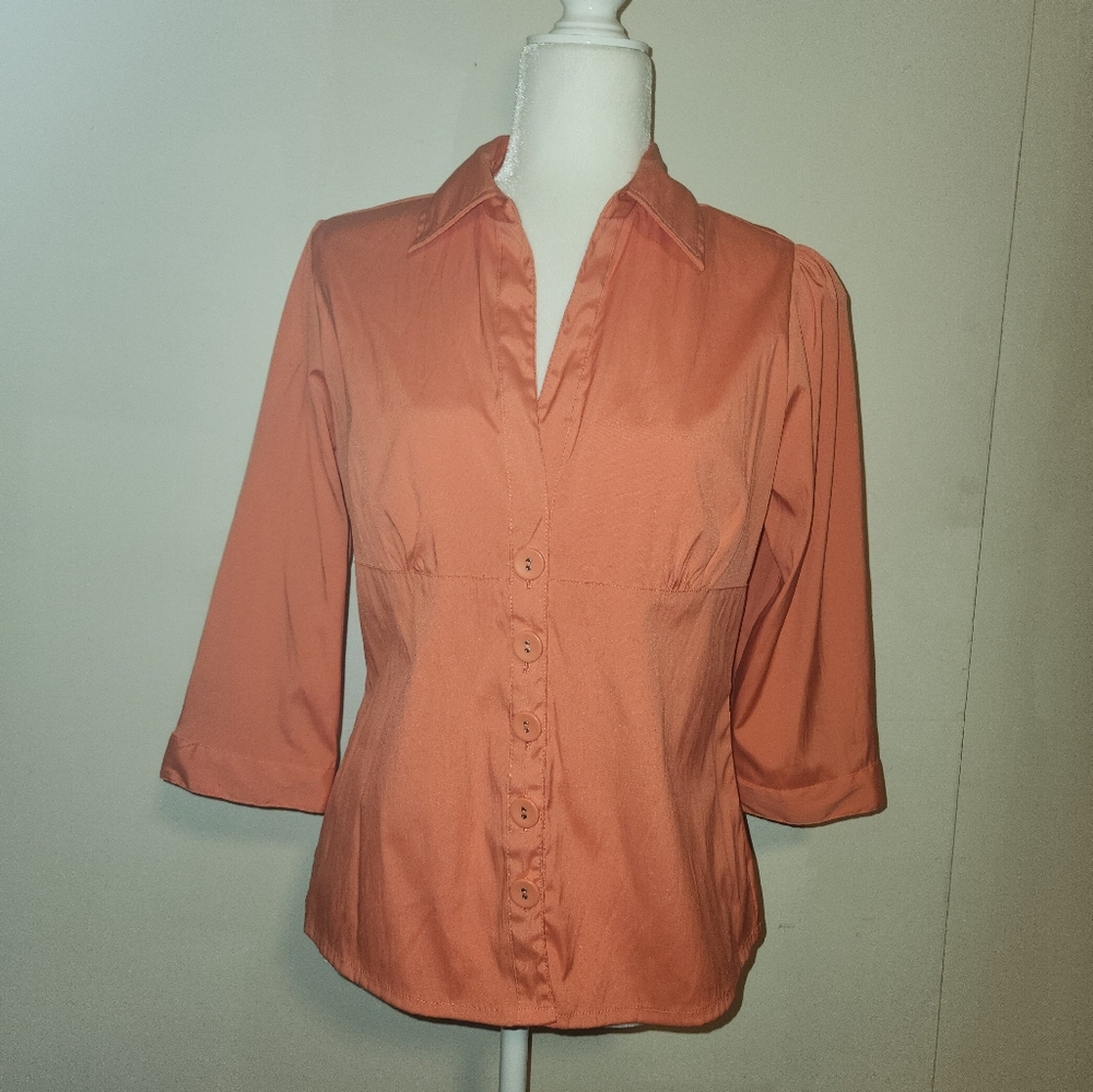 Antilia Femme Button Up 3/4 Sleeve Slim Fit Salmon Coral Pink Shirt Large L EUC
